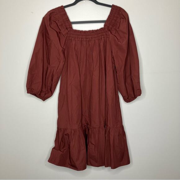 NWT MADEWELL Poplin Mini Dress Maroon Burnt Smocked Neck Small - Picture 3 of 5